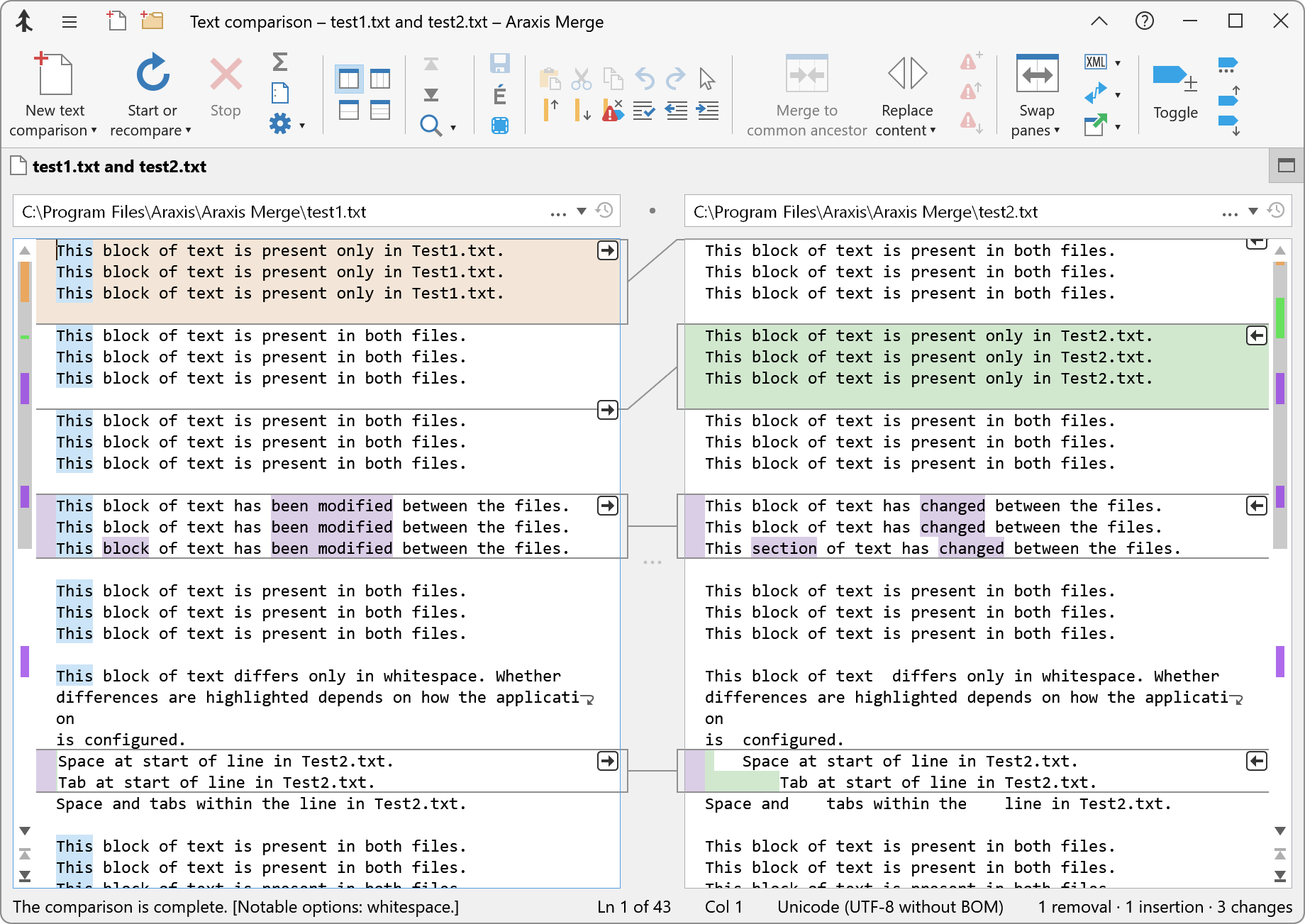 Results of comparing test1.txt and test2.txt